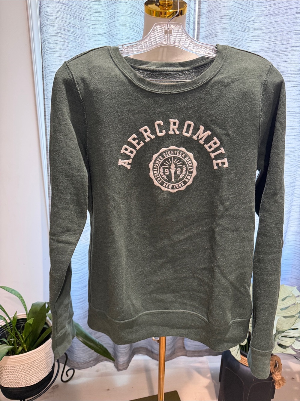 Abercrombie & Fitch Olive Green Crewneck Sweatshirt with White Applique Logo
